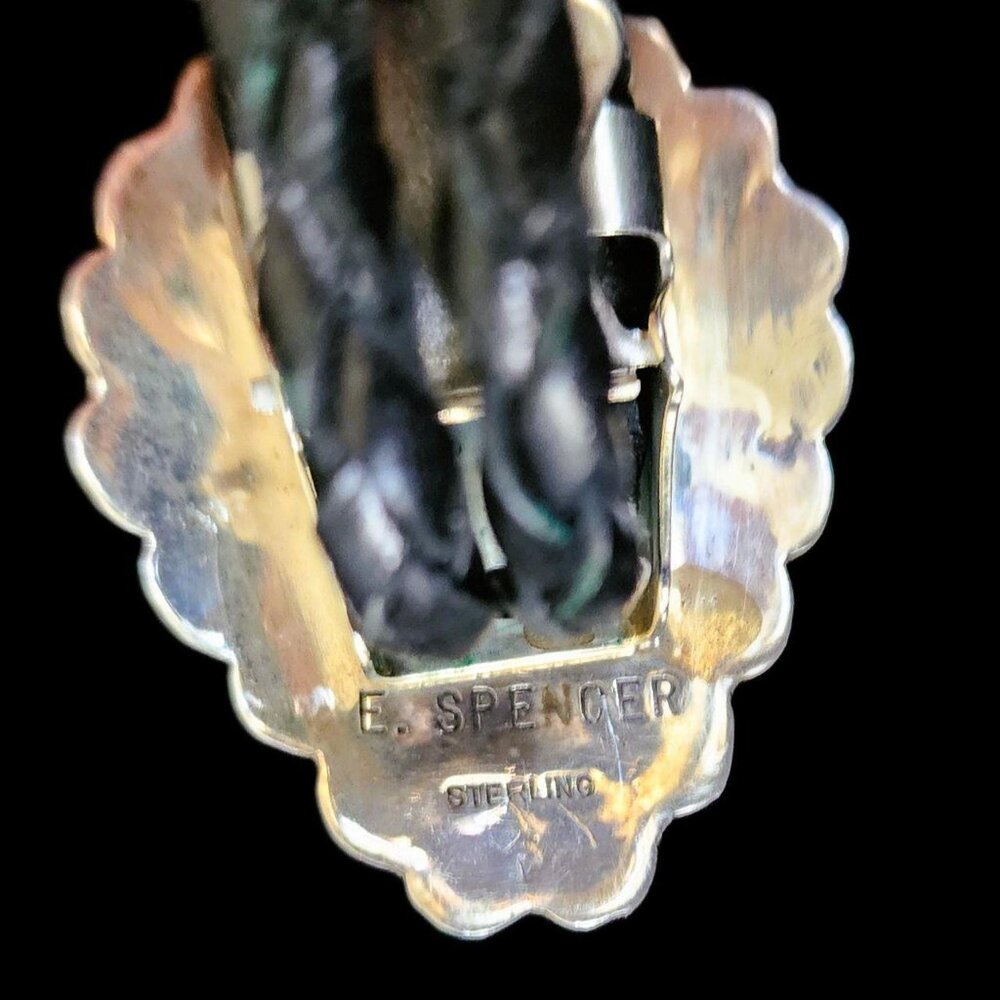 Vintage Sterling Silver Navajo E. Spencer Red Coral & Black Leather Bolo Tie - Picture 4 of 9